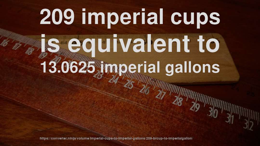 209 imperial cups is equivalent to 13.0625 imperial gallons