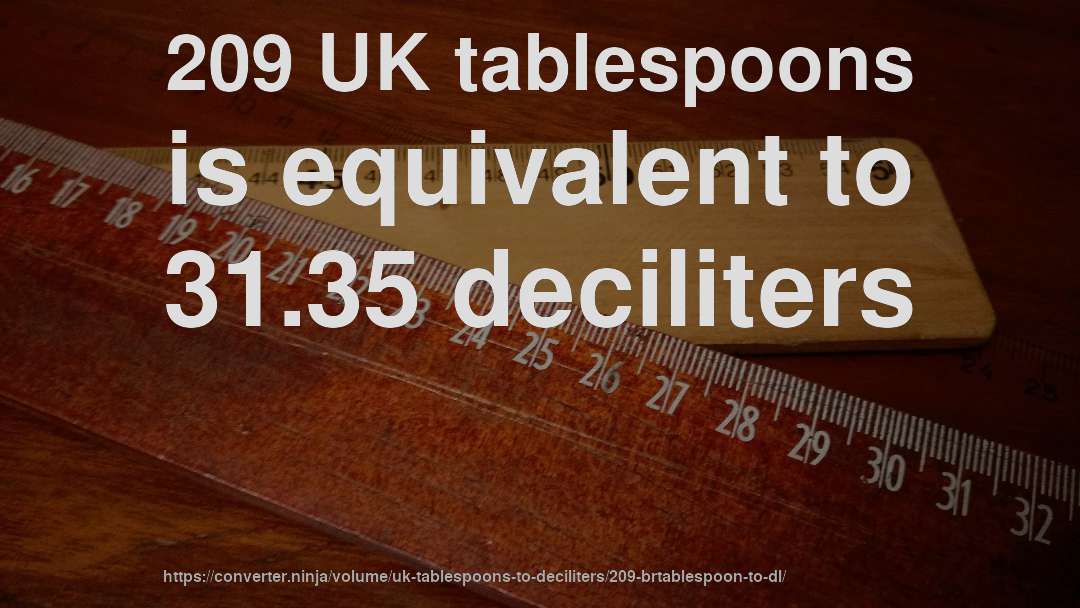209 UK tablespoons is equivalent to 31.35 deciliters