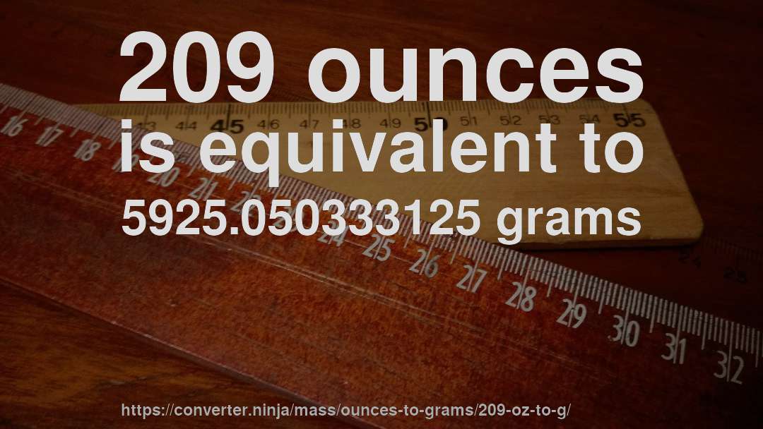 209 ounces is equivalent to 5925.050333125 grams