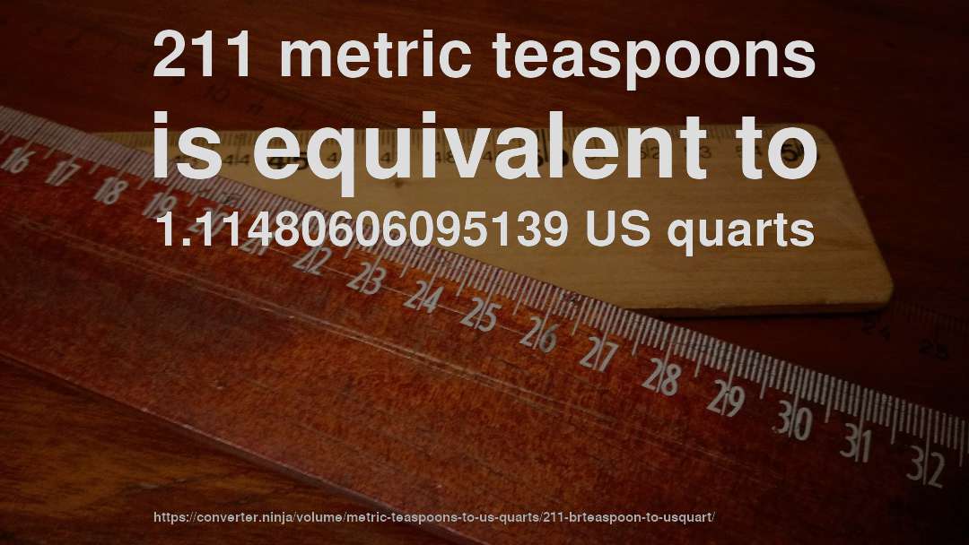 211 metric teaspoons is equivalent to 1.11480606095139 US quarts