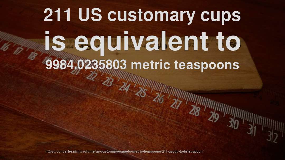 211 US customary cups is equivalent to 9984.0235803 metric teaspoons