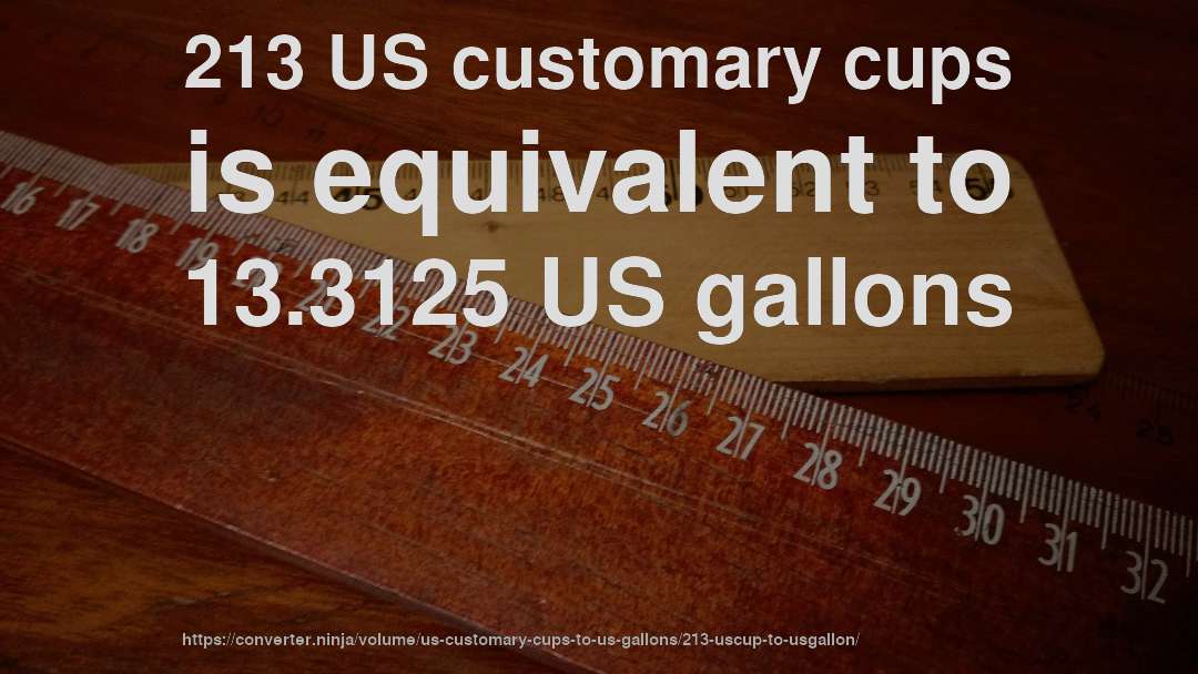 213 US customary cups is equivalent to 13.3125 US gallons