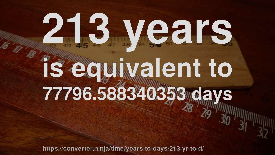 213 years is equivalent to 77796.588340353 days