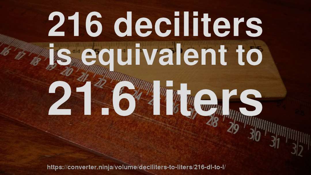 216 deciliters is equivalent to 21.6 liters