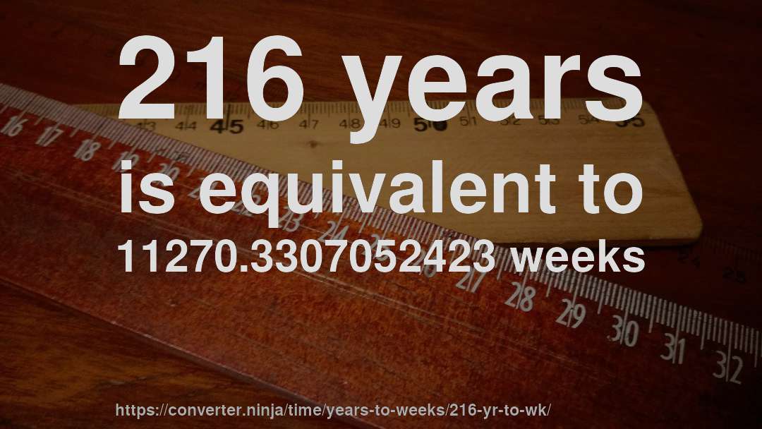 216 years is equivalent to 11270.3307052423 weeks