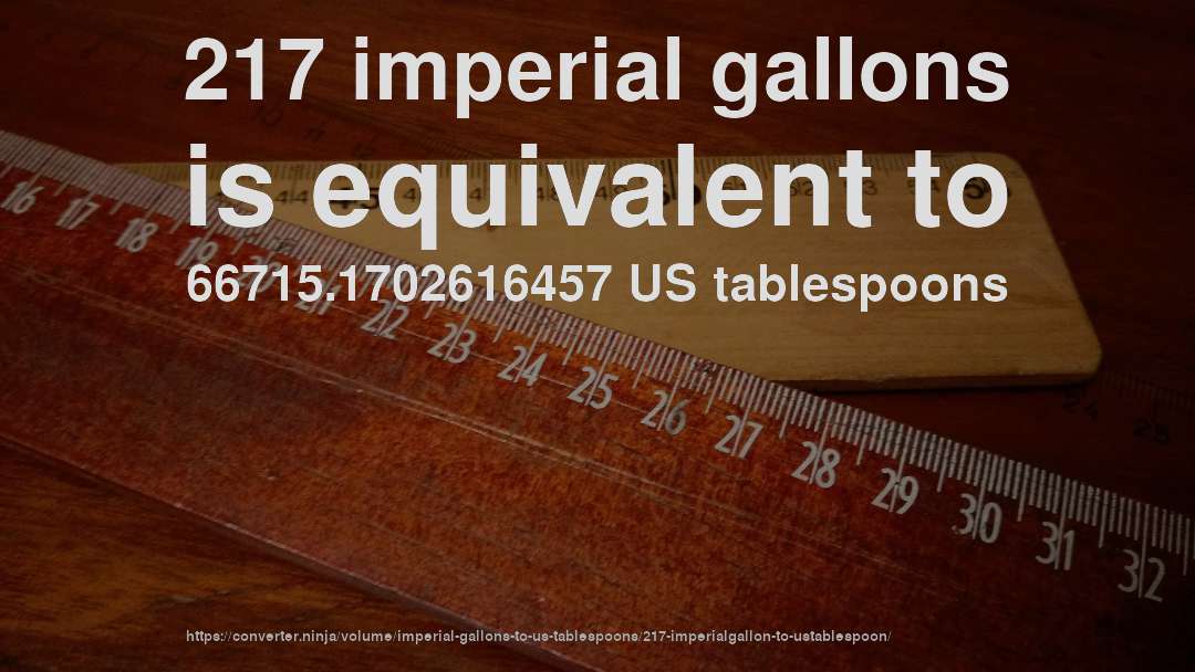 217 imperial gallons is equivalent to 66715.1702616457 US tablespoons