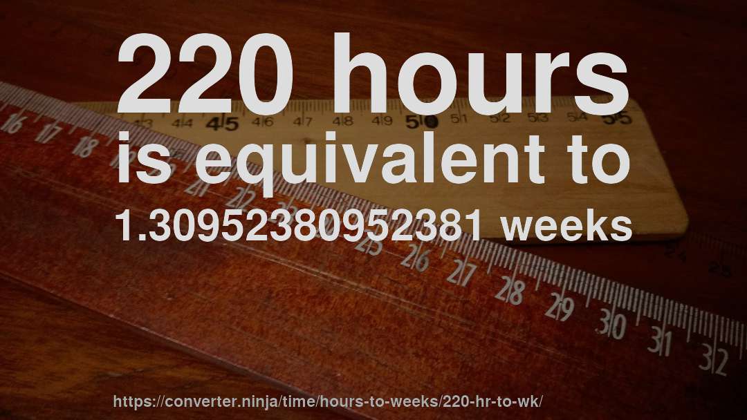 220 hours is equivalent to 1.30952380952381 weeks