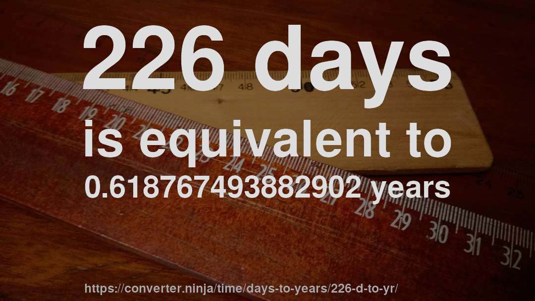 226 days is equivalent to 0.618767493882902 years