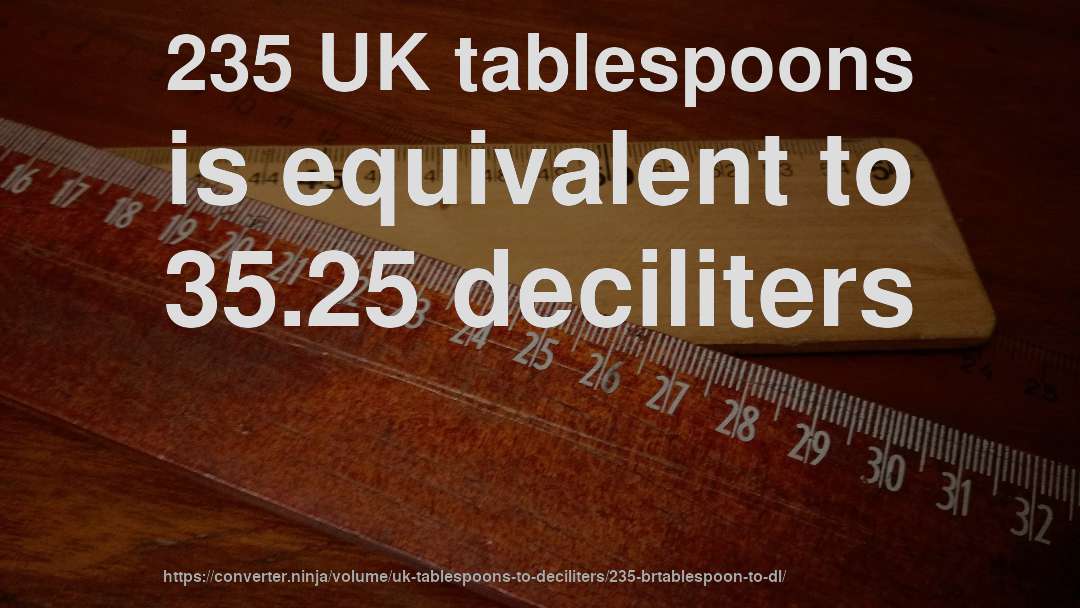 235 UK tablespoons is equivalent to 35.25 deciliters