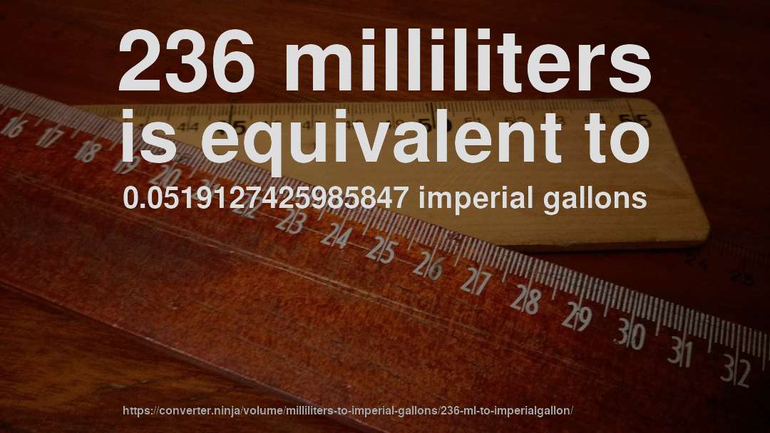 236 milliliters is equivalent to 0.0519127425985847 imperial gallons