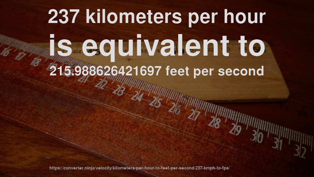 237 kilometers per hour is equivalent to 215.988626421697 feet per second