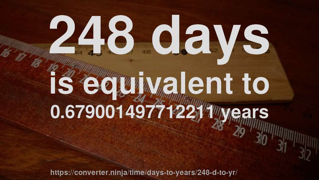 248 days is equivalent to 0.679001497712211 years
