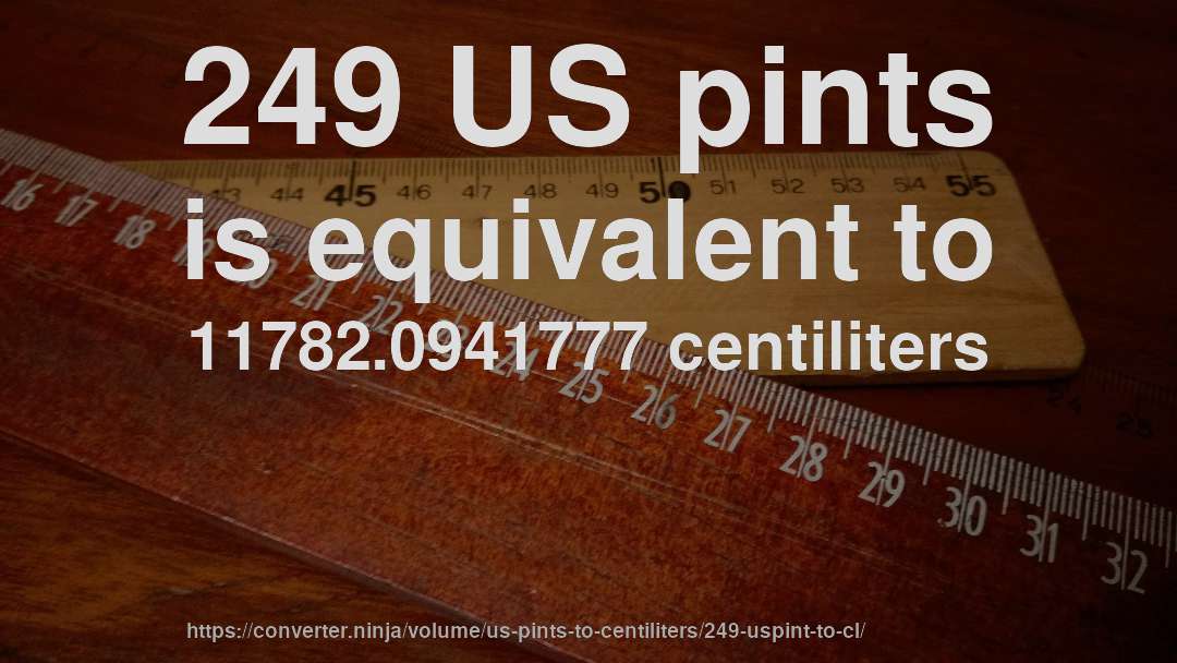 249 US pints is equivalent to 11782.0941777 centiliters