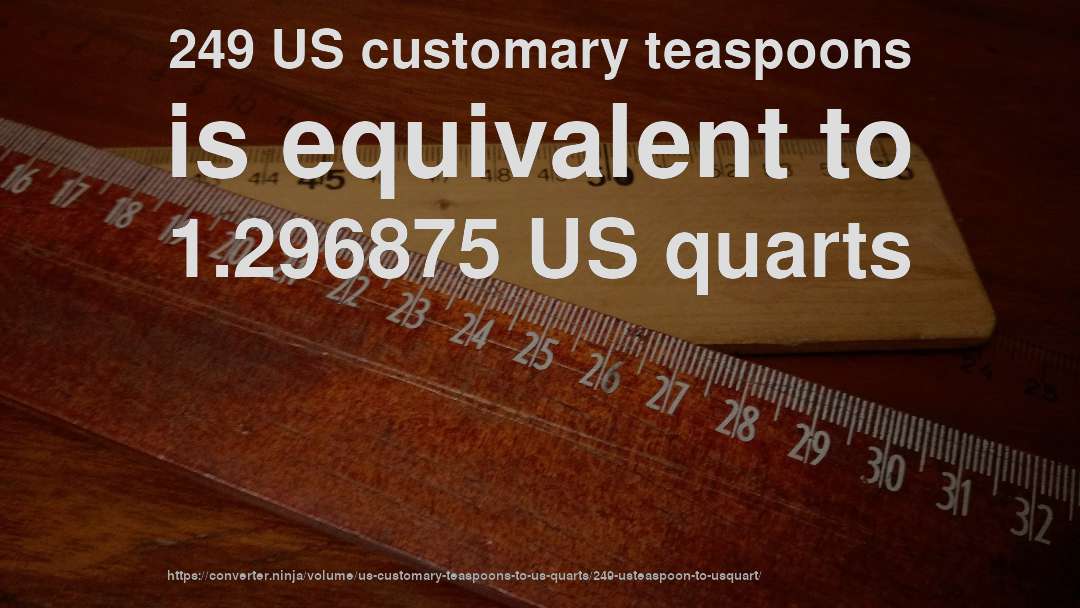 249 US customary teaspoons is equivalent to 1.296875 US quarts