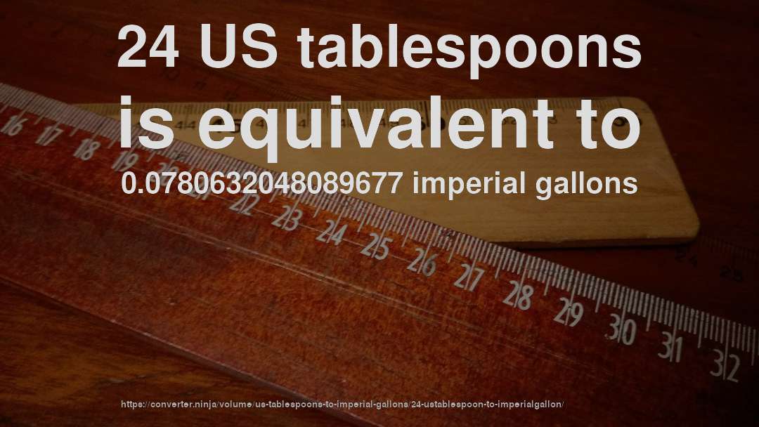 24 US tablespoons is equivalent to 0.0780632048089677 imperial gallons