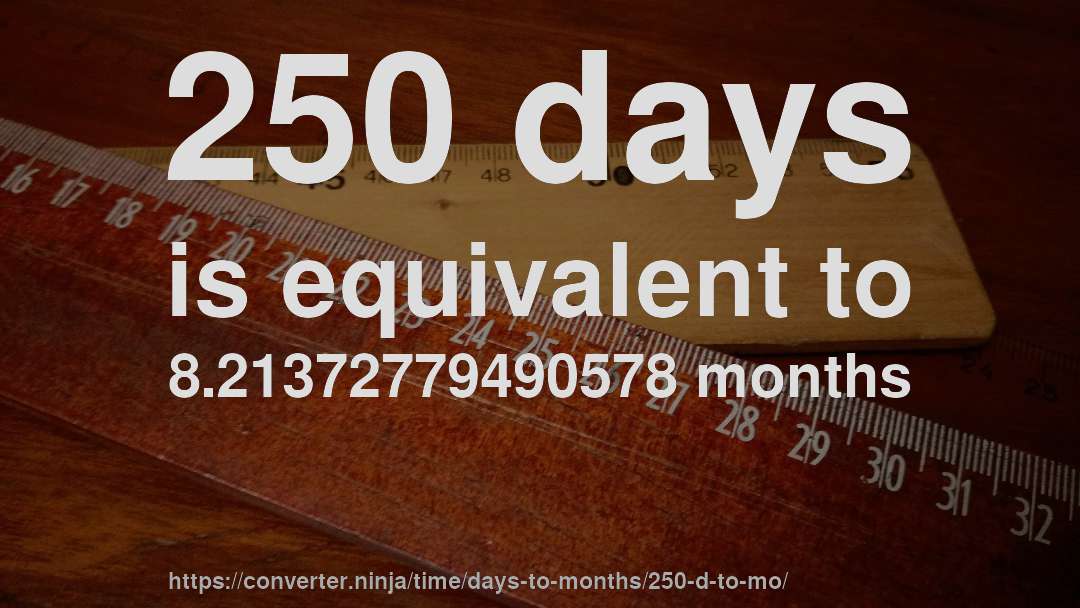 250 days is equivalent to 8.21372779490578 months