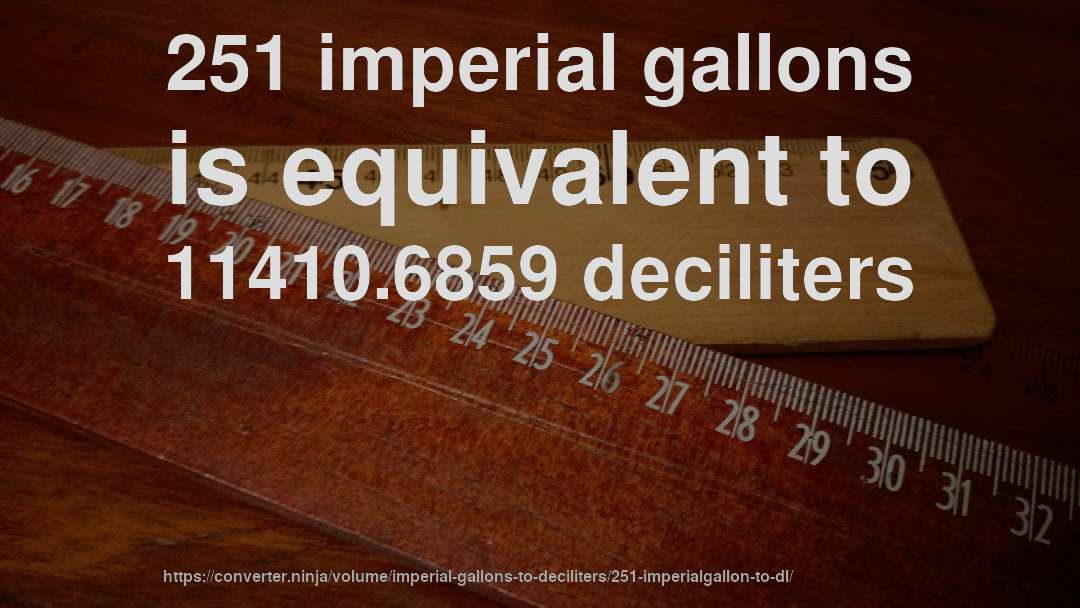 251 imperial gallons is equivalent to 11410.6859 deciliters