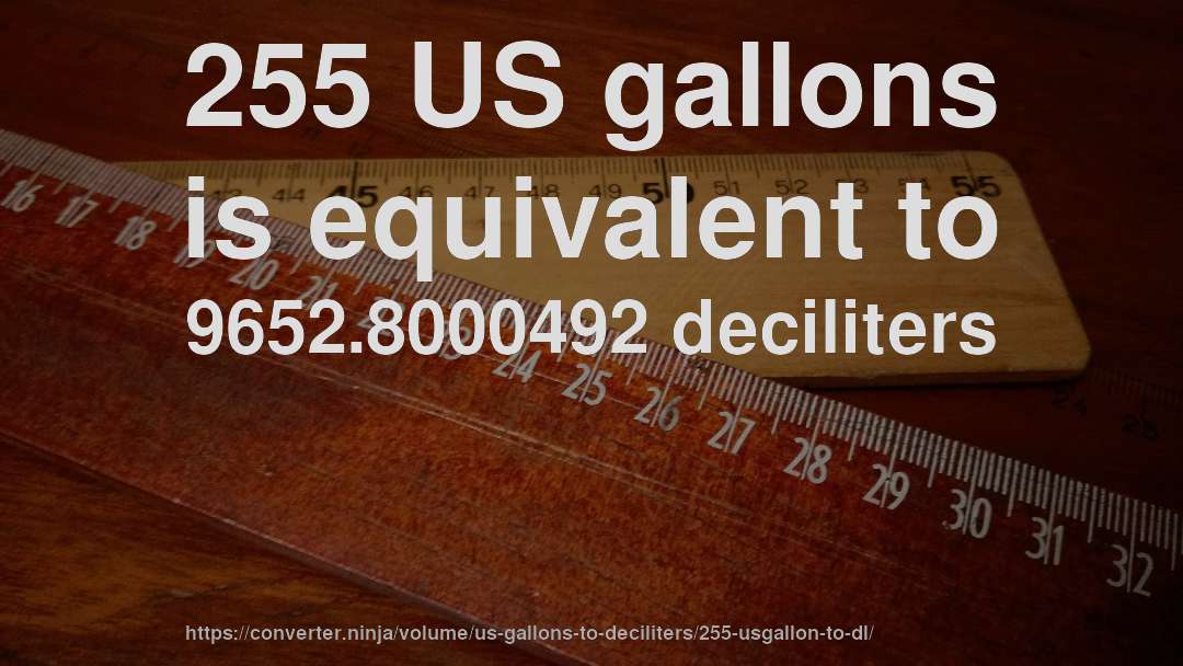 255 US gallons is equivalent to 9652.8000492 deciliters