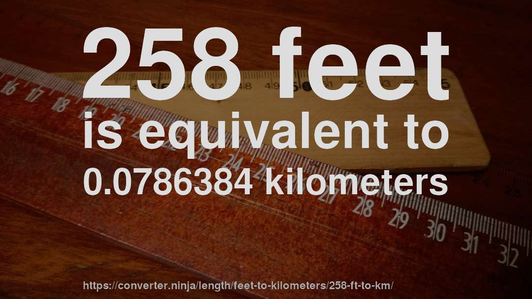 258 feet is equivalent to 0.0786384 kilometers