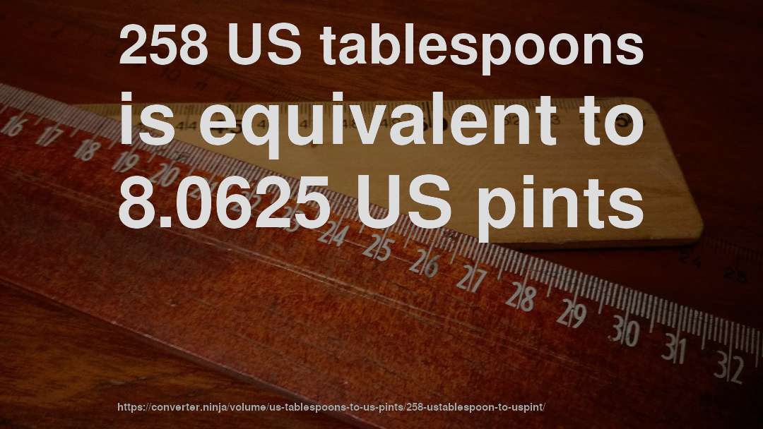 258 US tablespoons is equivalent to 8.0625 US pints