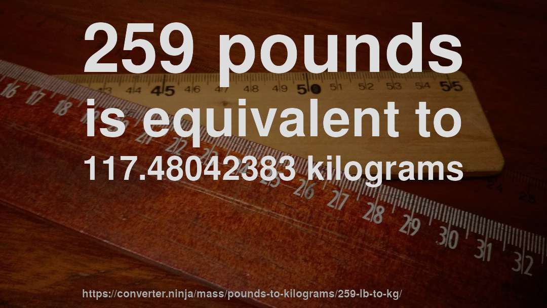259 pounds is equivalent to 117.48042383 kilograms