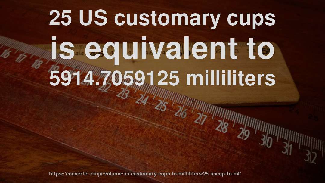 25 US customary cups is equivalent to 5914.7059125 milliliters
