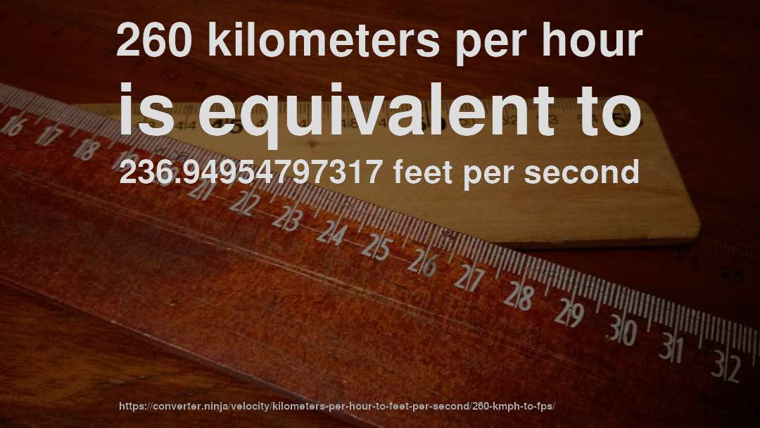 260 kilometers per hour is equivalent to 236.94954797317 feet per second
