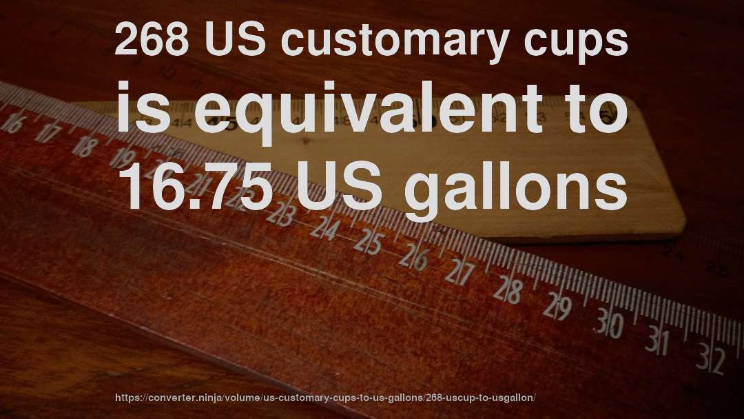268 US customary cups is equivalent to 16.75 US gallons