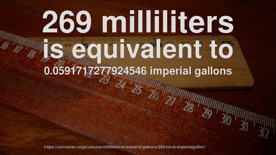 269 milliliters is equivalent to 0.0591717277924546 imperial gallons