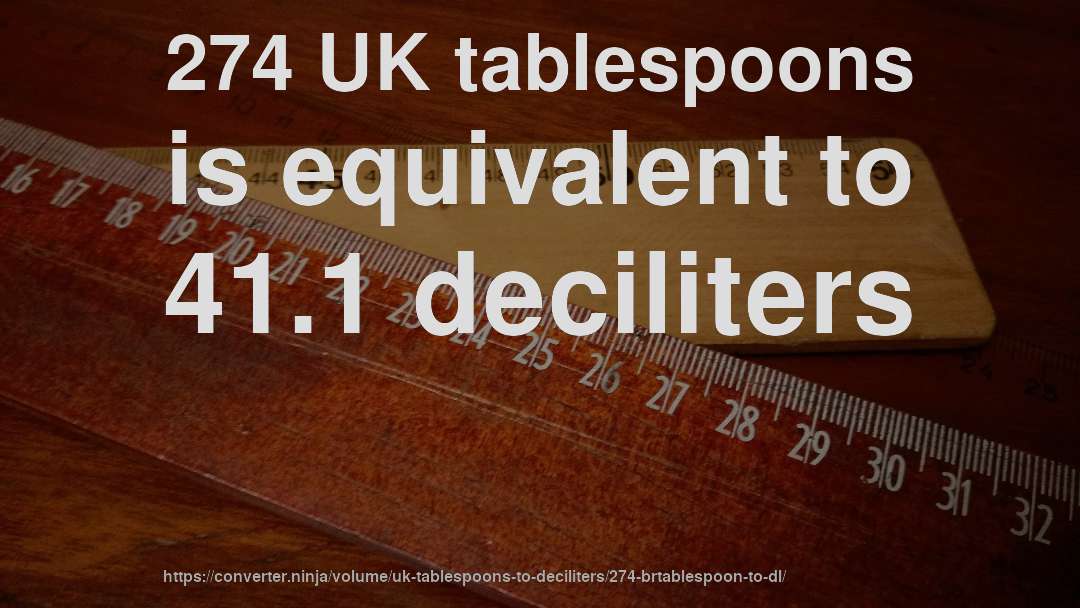 274 UK tablespoons is equivalent to 41.1 deciliters