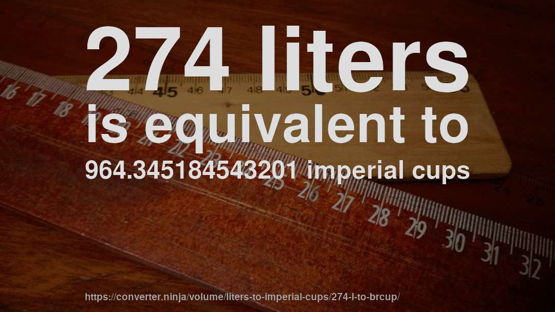 274 liters is equivalent to 964.345184543201 imperial cups
