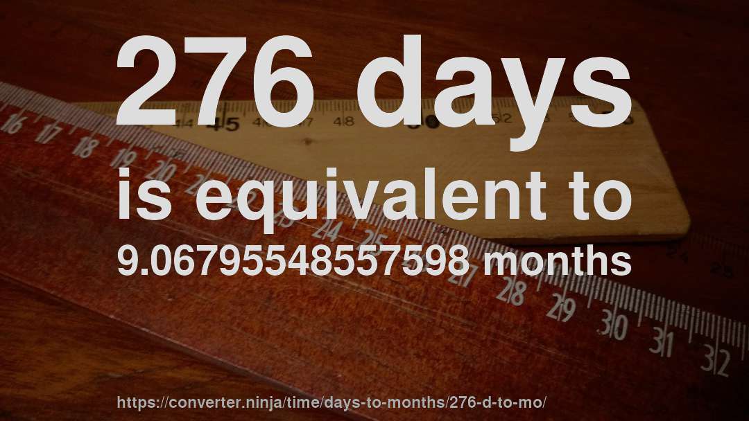 276 days is equivalent to 9.06795548557598 months