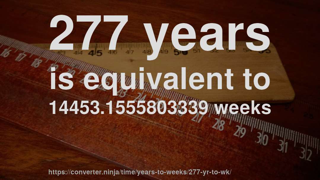 277 years is equivalent to 14453.1555803339 weeks