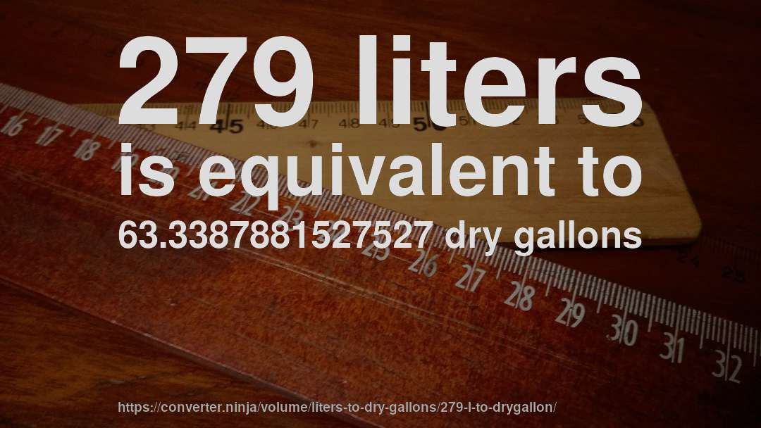 279 liters is equivalent to 63.3387881527527 dry gallons