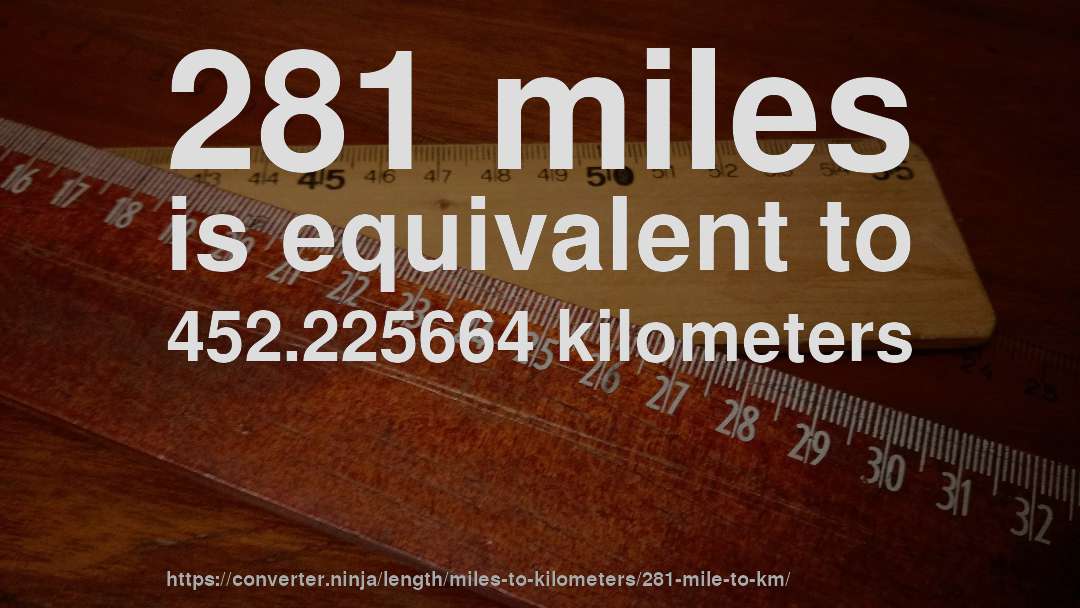 281 miles is equivalent to 452.225664 kilometers