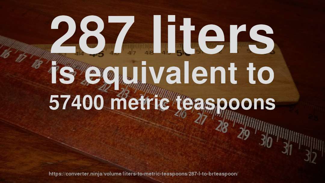 287 liters is equivalent to 57400 metric teaspoons