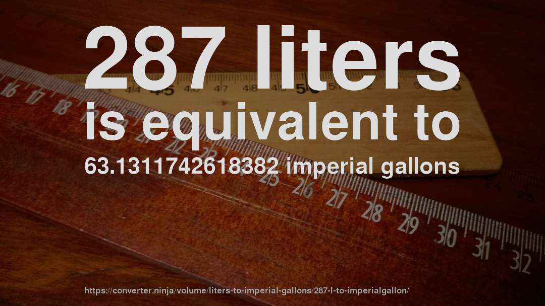 287 liters is equivalent to 63.1311742618382 imperial gallons