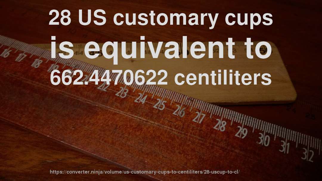 28 US customary cups is equivalent to 662.4470622 centiliters