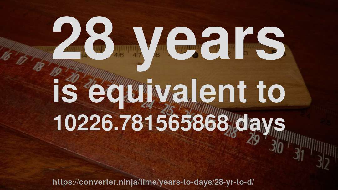 28 years is equivalent to 10226.781565868 days