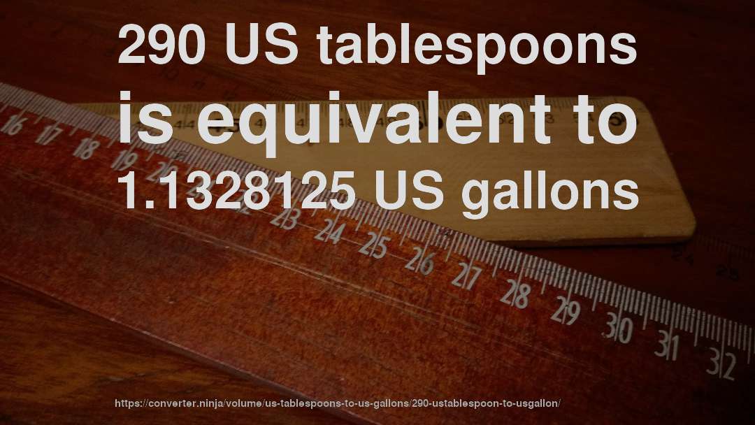 290 US tablespoons is equivalent to 1.1328125 US gallons