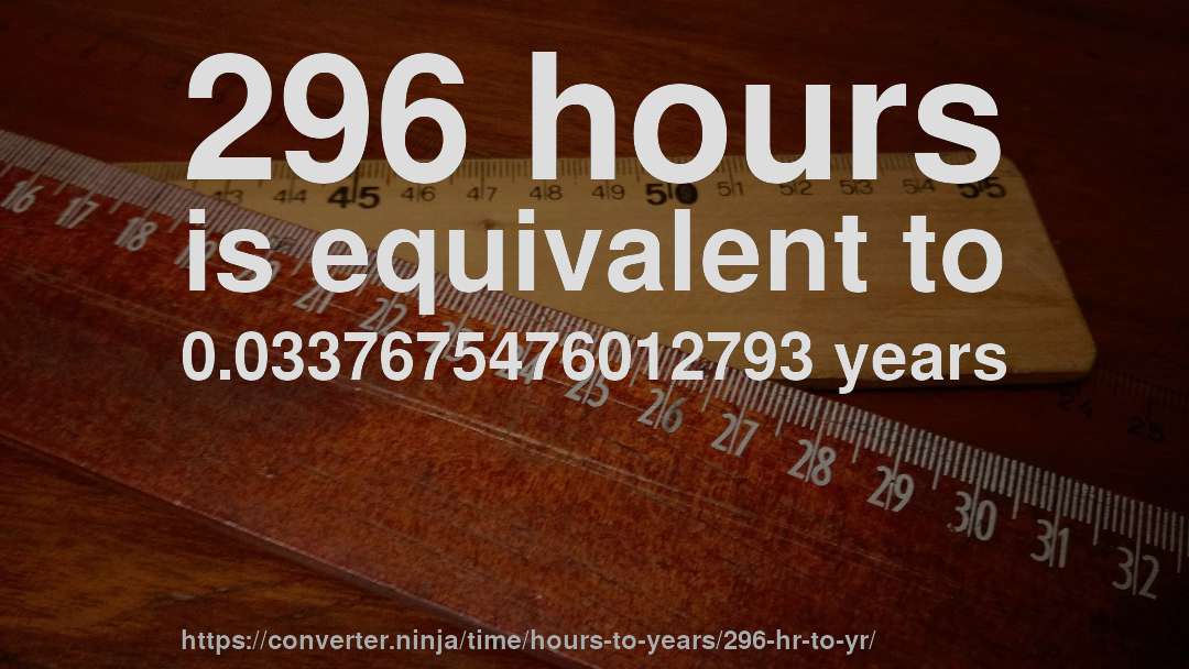 296 hours is equivalent to 0.0337675476012793 years