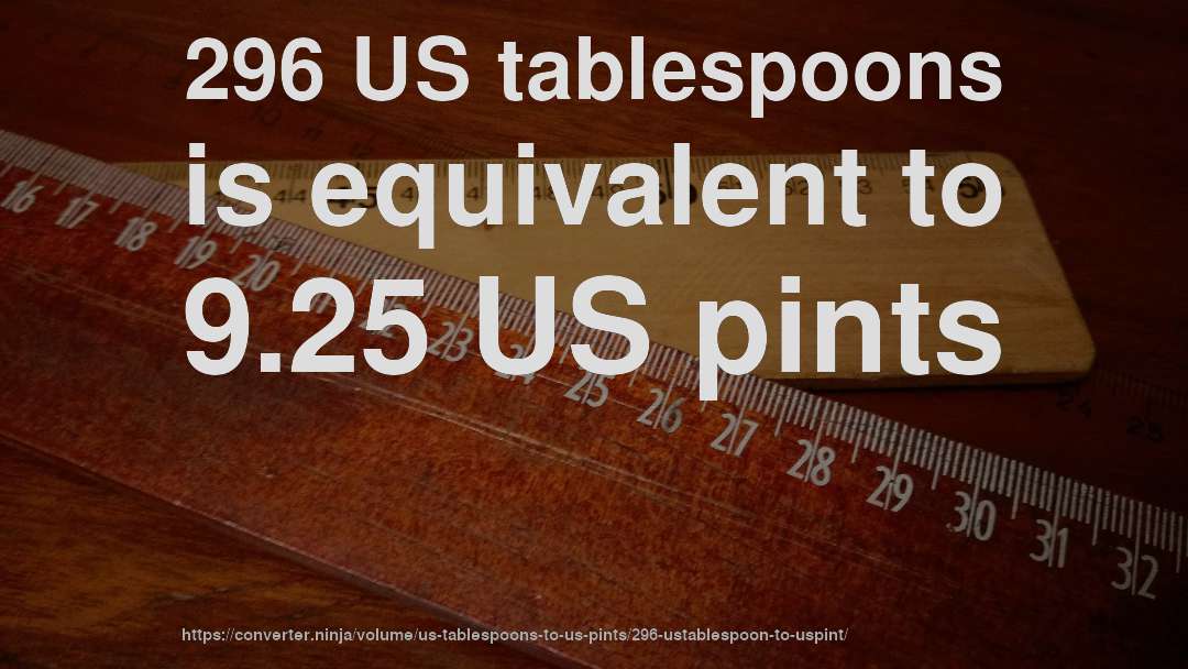 296 US tablespoons is equivalent to 9.25 US pints