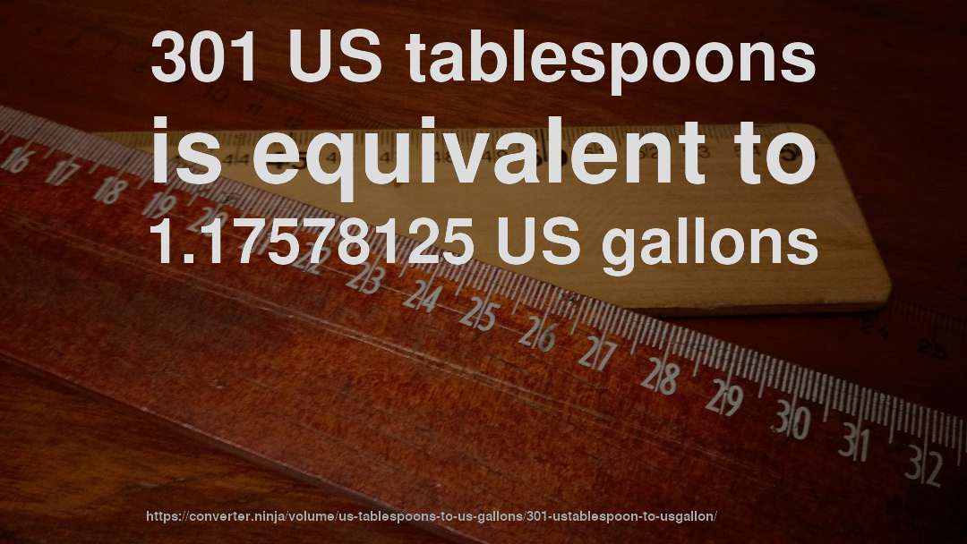 301 US tablespoons is equivalent to 1.17578125 US gallons