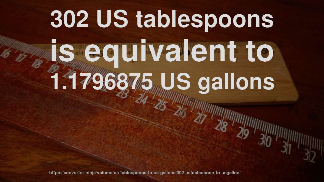 302 US tablespoons is equivalent to 1.1796875 US gallons
