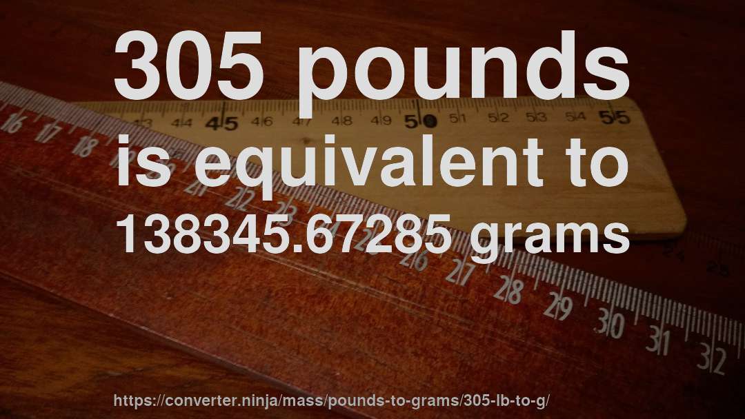 305 pounds is equivalent to 138345.67285 grams