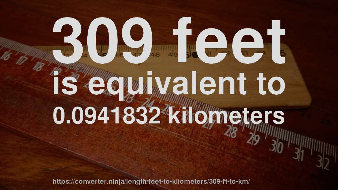 309 feet is equivalent to 0.0941832 kilometers