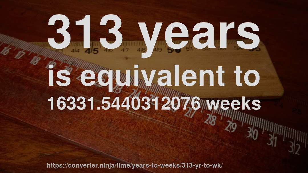 313 years is equivalent to 16331.5440312076 weeks