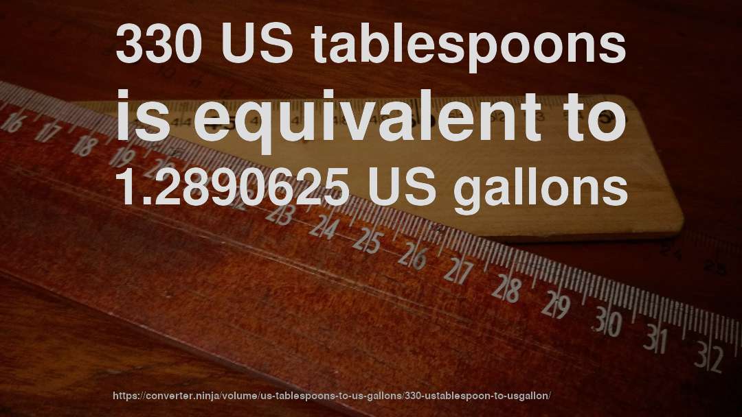 330 US tablespoons is equivalent to 1.2890625 US gallons