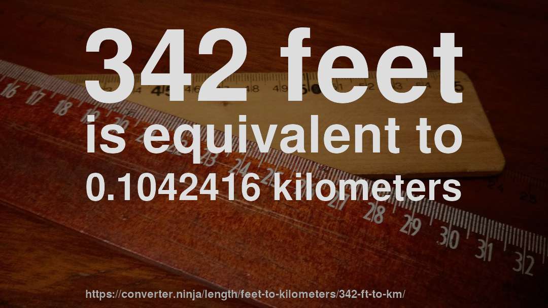 342 feet is equivalent to 0.1042416 kilometers