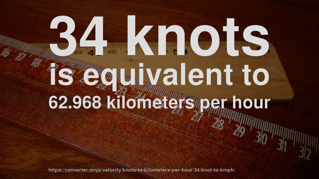 34 knots is equivalent to 62.968 kilometers per hour
